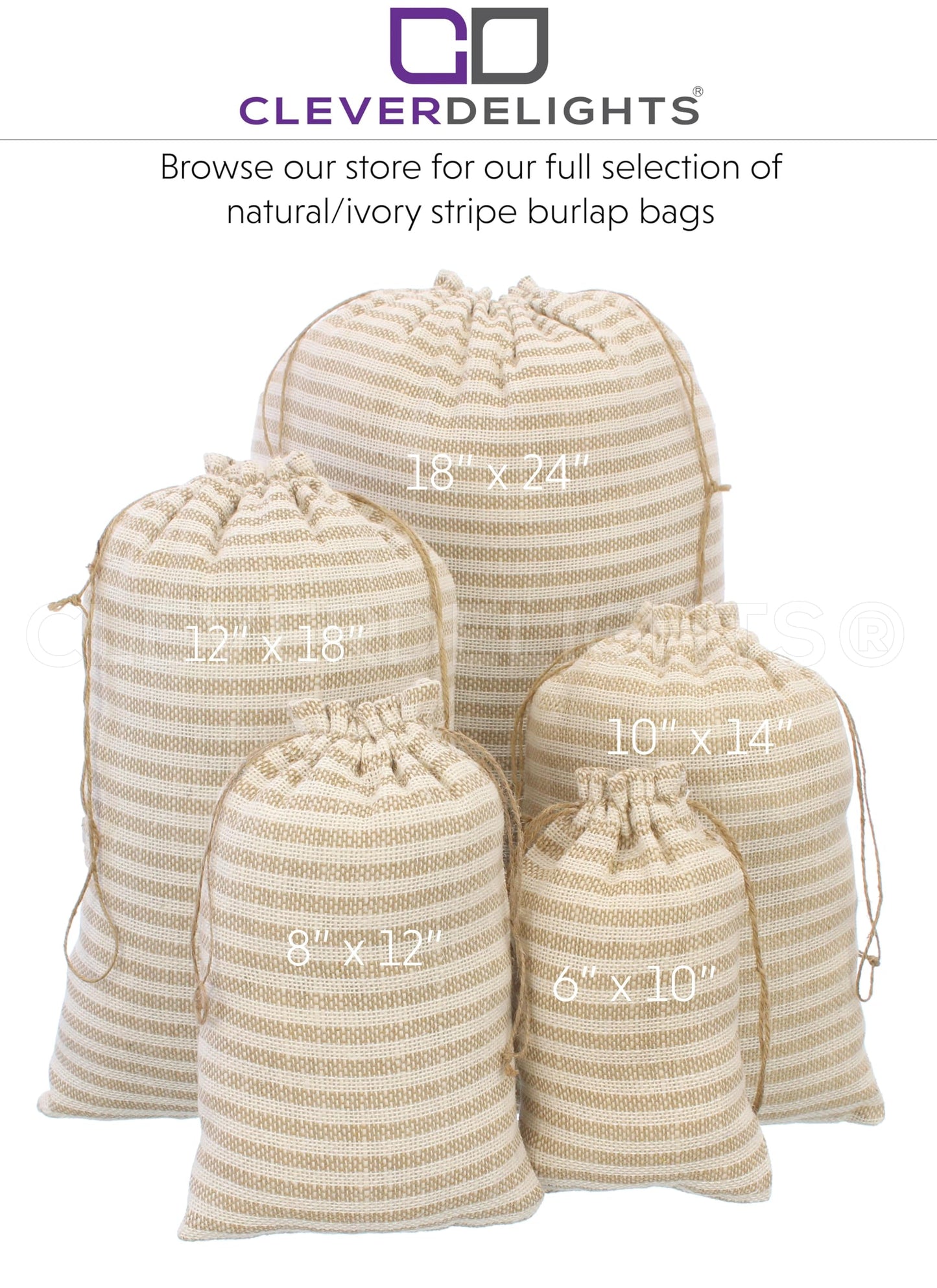 CleverDelights 10 x 14 Inch Burlap Bags - Natural/Ivory Stripe - 10 Pack - 10x14 Jute Burlap Drawstring Gift Sacks