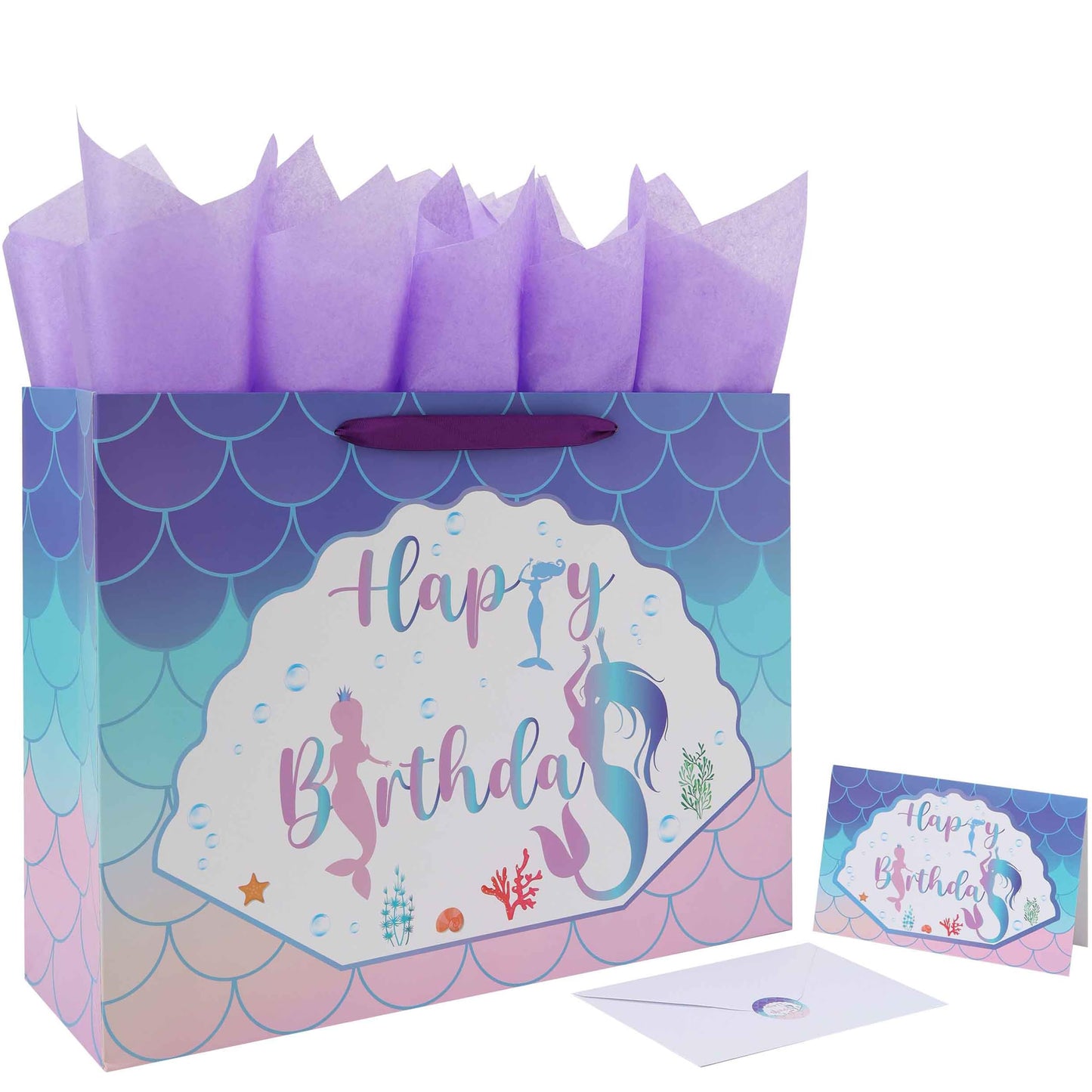 Qirrmiy 16.5” Extra Large Mermaid Happy Birthday Gift Bag Set with Handles, Greeting Card, Purple Tissue Papers and Stickers for Kids Girls Women Teens, 1 Pcs