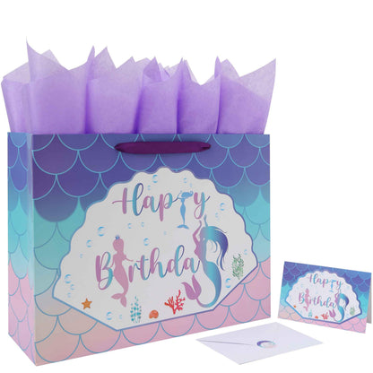 Qirrmiy 16.5” Extra Large Mermaid Happy Birthday Gift Bag Set with Handles, Greeting Card, Purple Tissue Papers and Stickers for Kids Girls Women Teens, 1 Pcs