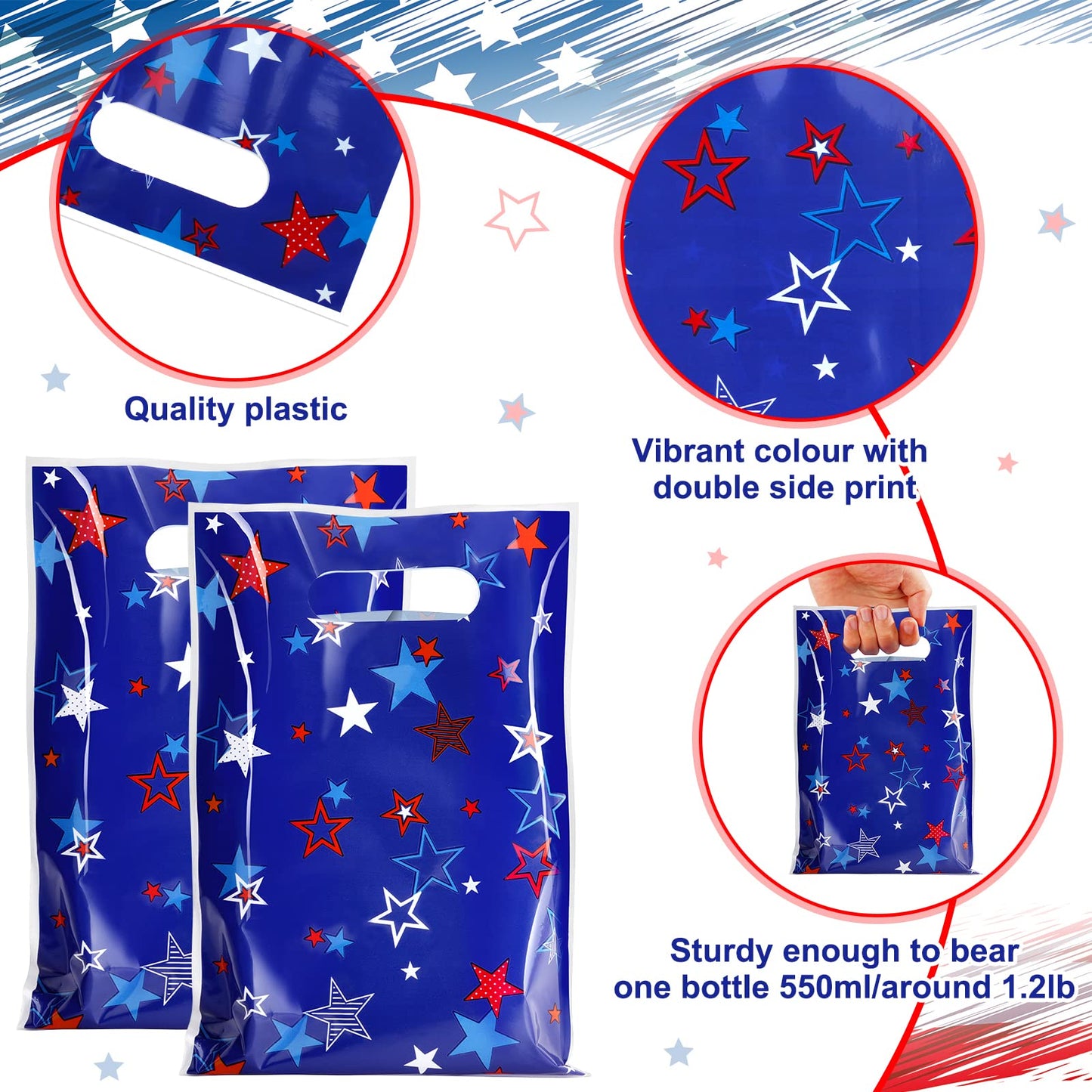 MASHAN 50 Pieces 4th of July Goodie Bags Bulk, Patriotic Gift Bags,Plastic Treat Gift Handles Bag with Red White Blue Star for Independence Day Memorial Day Veterans Day Decorations Party Supplies