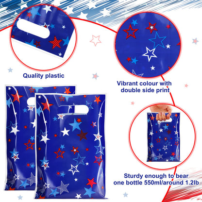 MASHAN 50 Pieces 4th of July Goodie Bags Bulk, Patriotic Gift Bags,Plastic Treat Gift Handles Bag with Red White Blue Star for Independence Day Memorial Day Veterans Day Decorations Party Supplies