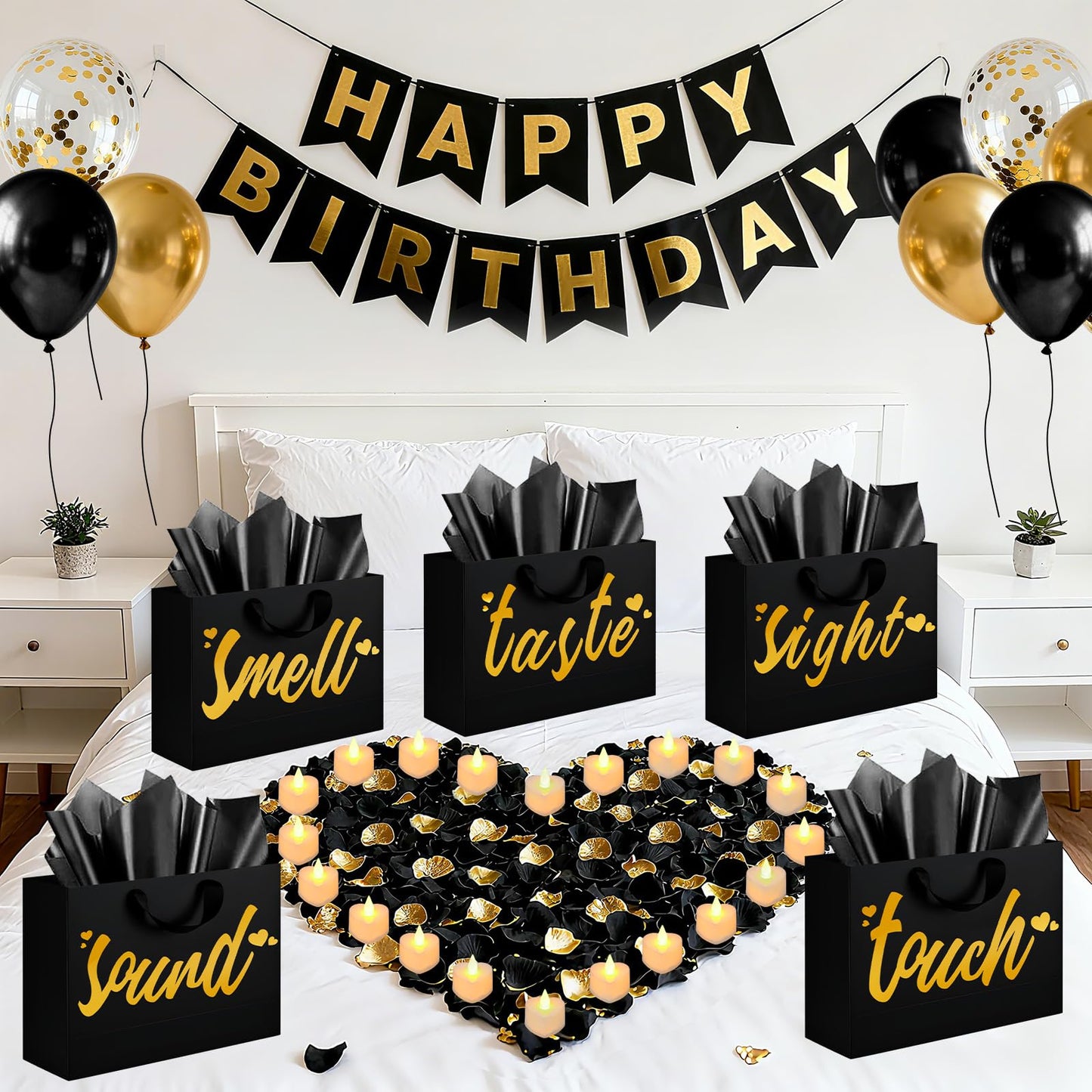5 Senses Gift Bags for Him with Labels - Five Senses Birthday Party Decorations,Tissue Paper Rose Petals and Happy Birthday Banner Balloons for Husband Boyfriend Party Decor(Gold Black)