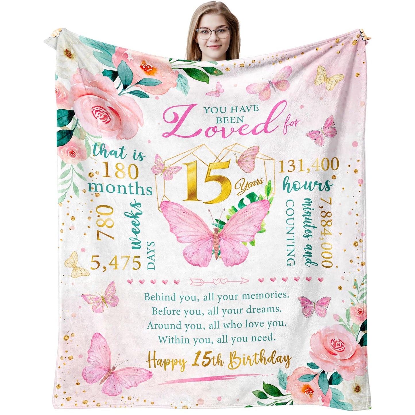 Birthday Gifts for 15 Year Old Girl Throw Blanket 60"x50", Quinceanera Gifts for Girl, 15th Birthday Gift Ideas for Teen Girls,15th Birthday Gifts, Quinceanera, Sweet 15
