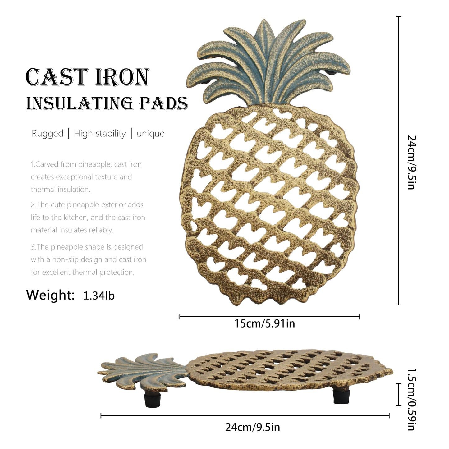 Cast Iron Trivets for Hot Dishes, Pineapple-Shaped Metal Trivets for Kitchen and Dining Protection, Decorative Tirvets with Pinch Mitts, Rubber Pegs