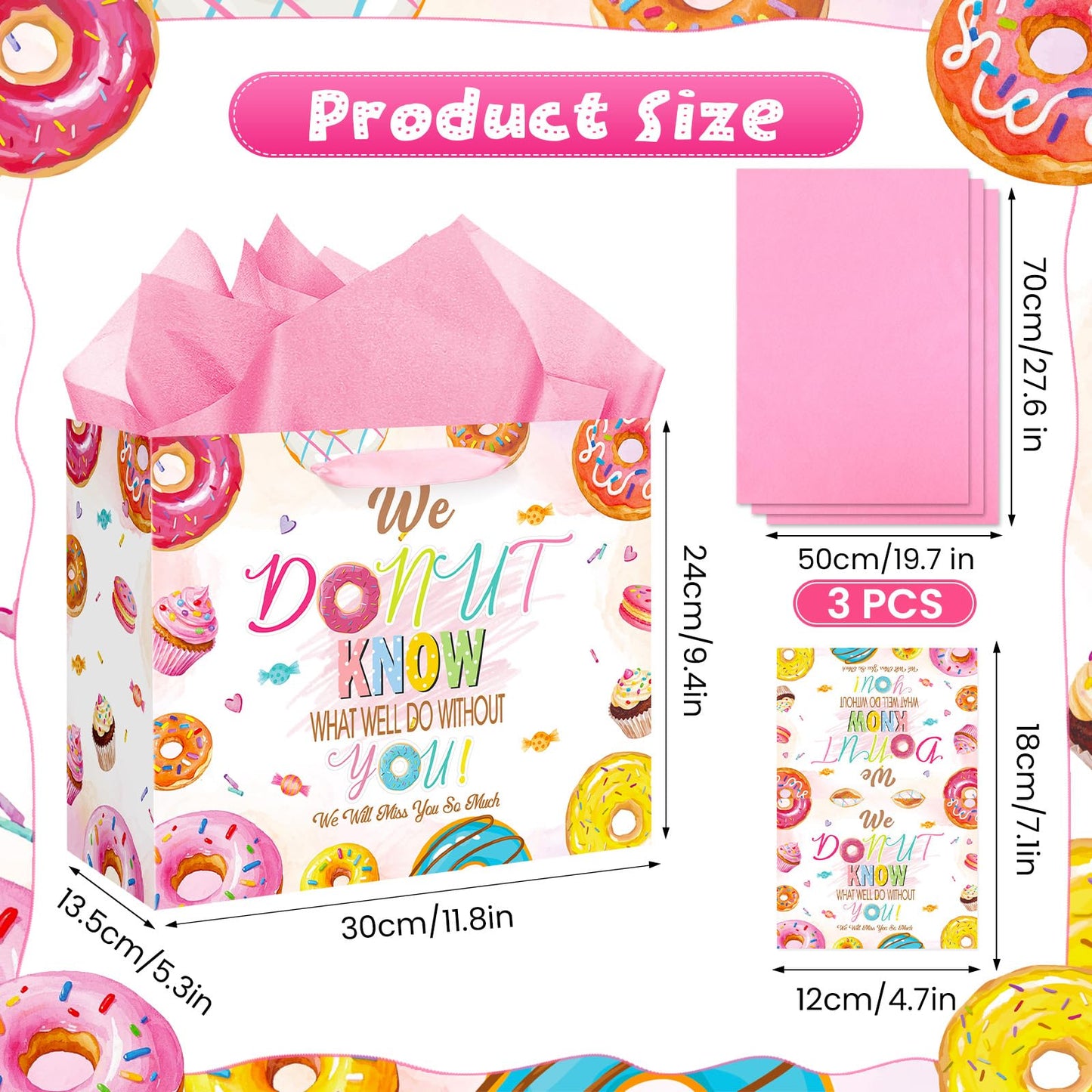 Donut Retirement Gift Bag Pink Retirement Wrap Bag with Tissue Paper Greeting Card Retirement Moving Away Goodbye Party Favors for Women Coworker Friends Farewell Going Away Graduation Party Supplies
