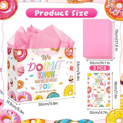 Donut Retirement Gift Bag Pink Retirement Wrap Bag with Tissue Paper Greeting Card Retirement Moving Away Goodbye Party Favors for Women Coworker Friends Farewell Going Away Graduation Party Supplies