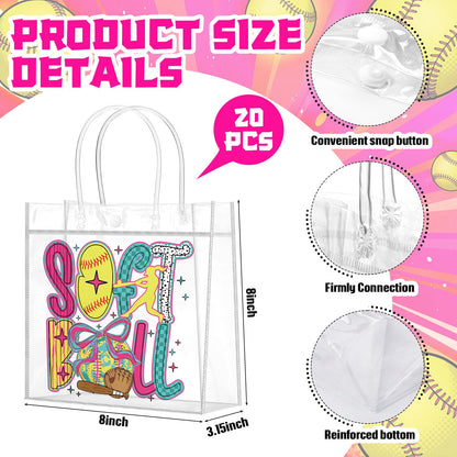 20 Pcs Coquette Softball Goodie Bags with Handles Bow Glitter Preppy Reusable Sports Treat Bags for Candy Birthday Party Supplies 8 x 8 x 3.15''(Softball)