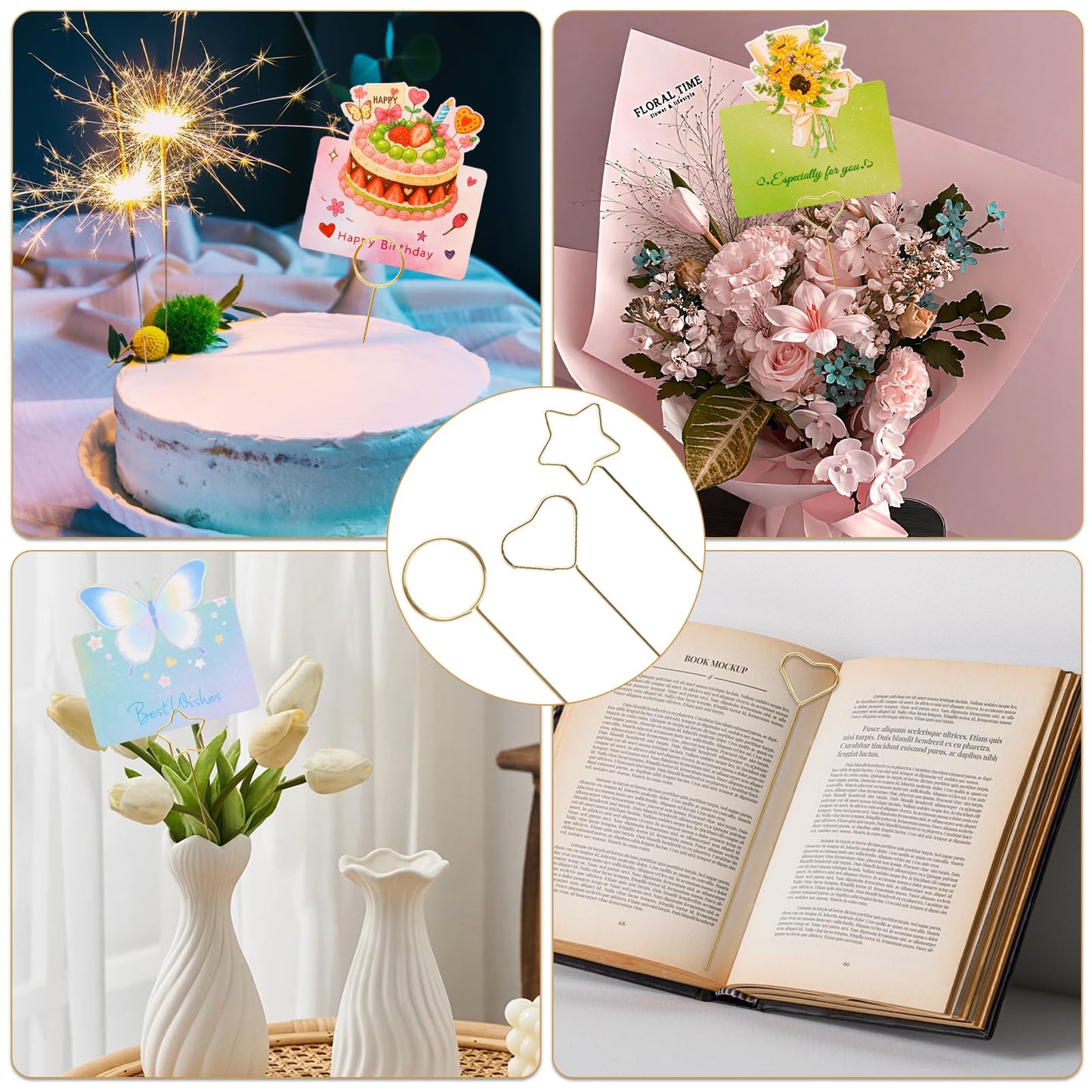 Round & Heart 40Pcs 11.8" Floral Picks Card Holders with Wire Cutter and 30 Cards, Golden Metal Florist Flower Bouquet Accessories Supplies Photo Place Gifts Card Tree Sticks, Ideal for Wedding Party