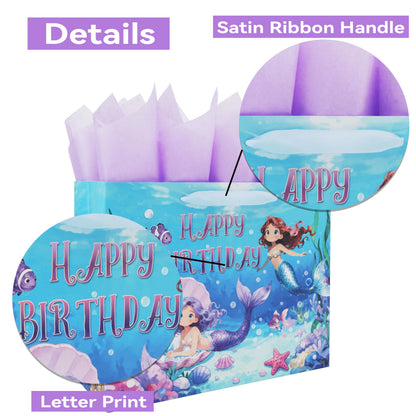 Qirrmiy 13'' Large Mermaids Birthday Gift Bag Set with Handles, Greeting Card, Purple Tissue Papers and Stickers for Kids Girls Women Teens for Birthdays, Mermaids Design, 1 Pcs