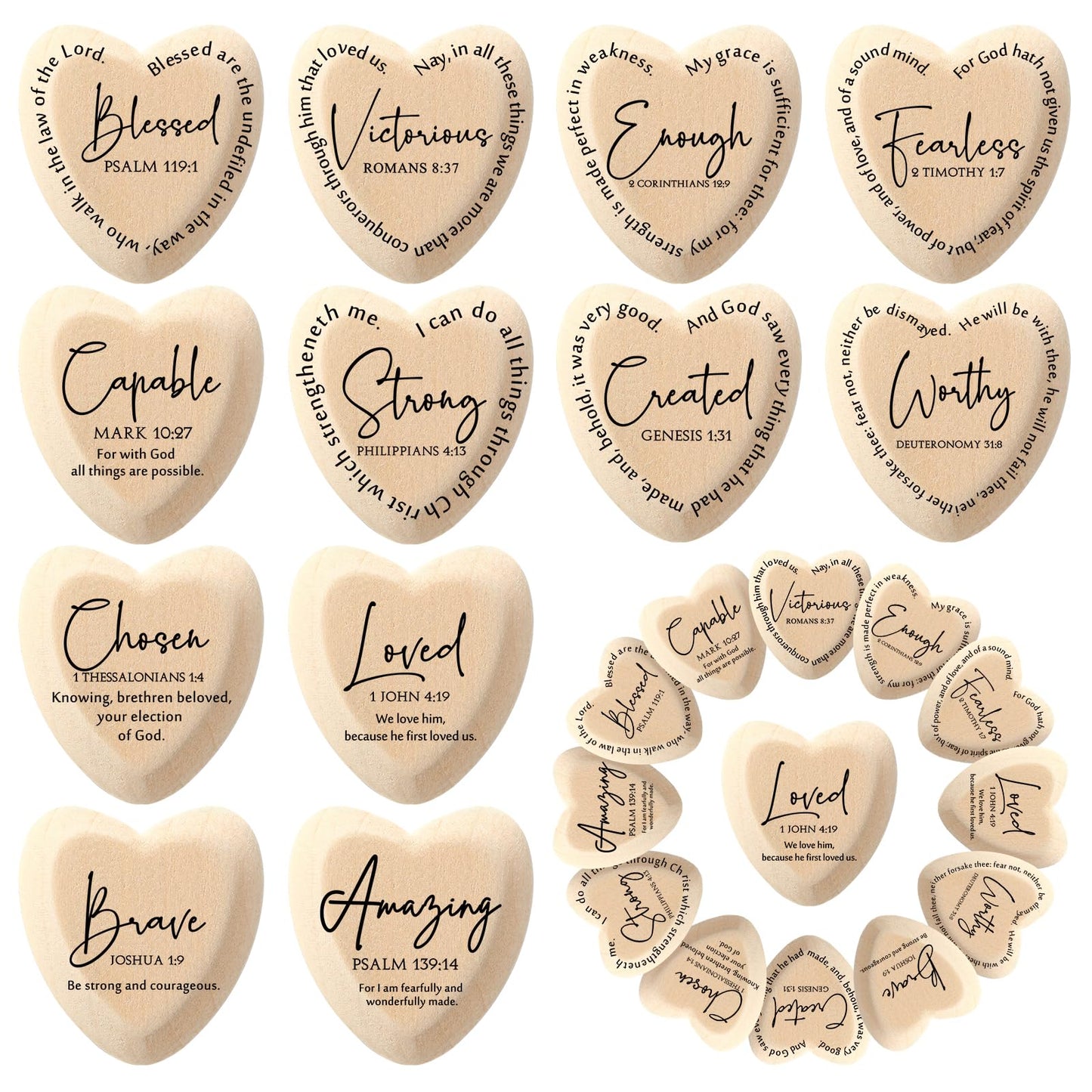 Geelin Christian Gift Religious Wooden Heart Tokens with Inspirational Bible Verses Pocket Hug for Father's Day Dad Women Men Friends Church Scripture Party Favor(Natural‌,72 Pcs)