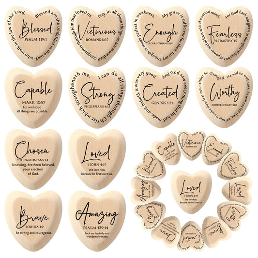 Geelin Christian Gift Religious Wooden Heart Tokens with Inspirational Bible Verses Pocket Hug for Father's Day Dad Women Men Friends Church Scripture Party Favor(Natural‌,72 Pcs)