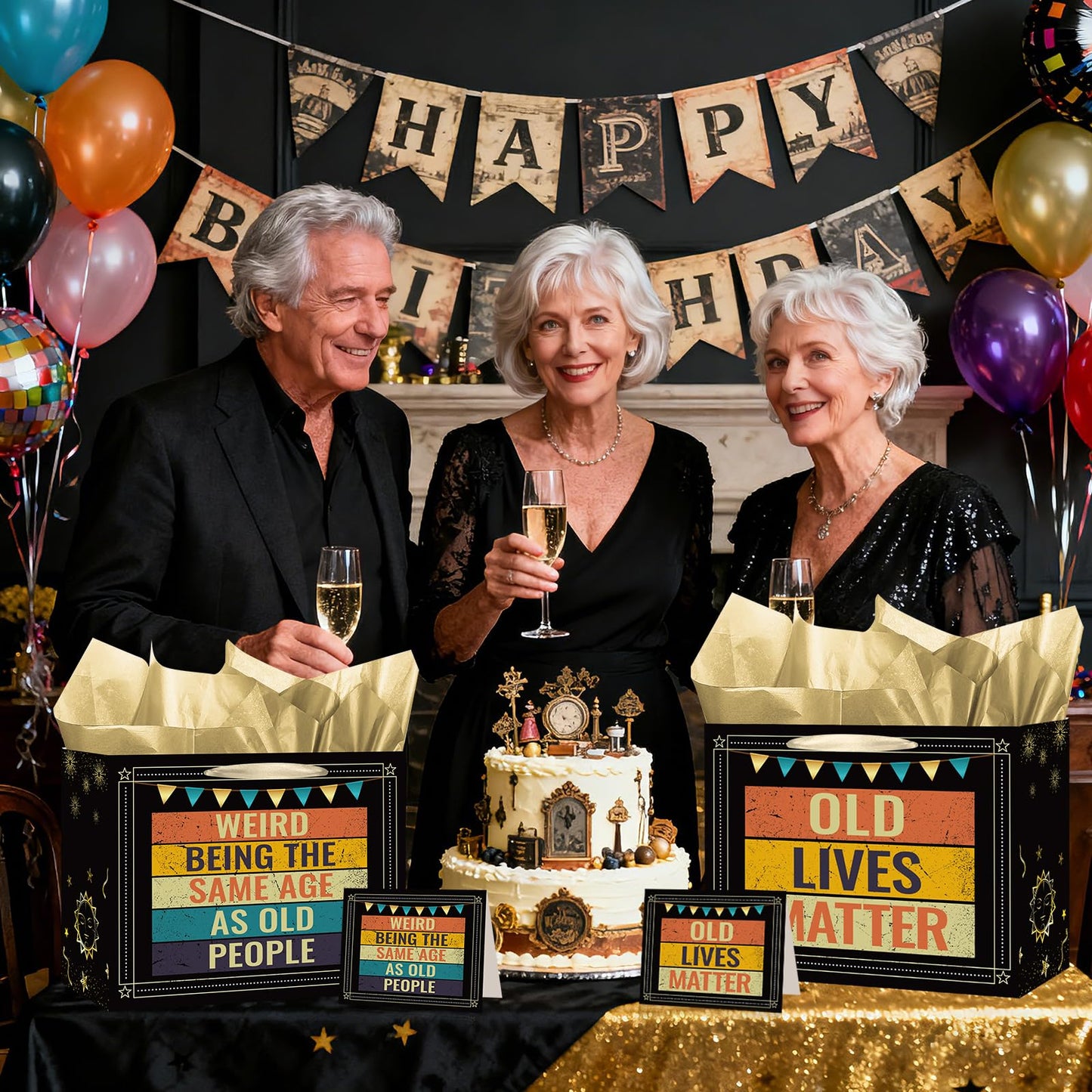 Funny Birthday Gift Bag Old Lives Matter Wrapping Paper Vintage Birthday Gift Bag for Men with Tissue Paper Greeting Card Weird Being The Same Age As Old People Birthday Bags for Dad Grandpa Husband Bday Party Suppllies
