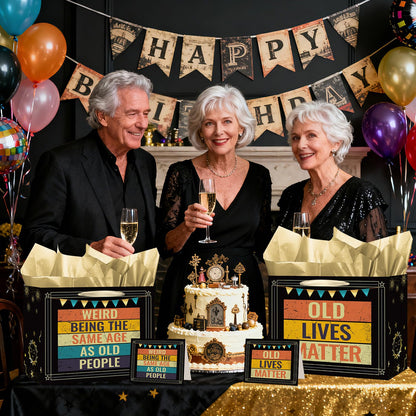 Funny Birthday Gift Bag Old Lives Matter Wrapping Paper Vintage Birthday Gift Bag for Men with Tissue Paper Greeting Card Weird Being The Same Age As Old People Birthday Bags for Dad Grandpa Husband Bday Party Suppllies