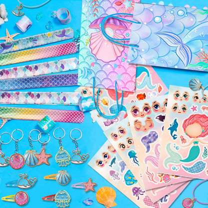 84pcs Mermaid Birthday Party Favor Bag Fillers with Fish Birthday Rings Keychain Bracelets Bags Hair Clips Necklace etc for Mermaid Birthday Decorations Supplies