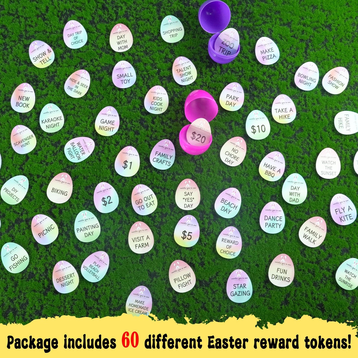 Easter Egg Fillers - 60pcs Easter Egg Tokens, Easter Eggs Filled Basket Stuffers Essentials Prefilled Party Favors Supplies, Family Games Hunt Prize Bulk Activity Gifts for Boys Girls Teens Exchanges
