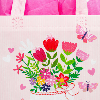 SUNCOLOR Mother's Day Gift Bags with Tissue Paper, Floral Design Non-Woven Material, 10x8x4.7 Inches, Pink and Blue, 2 Pack