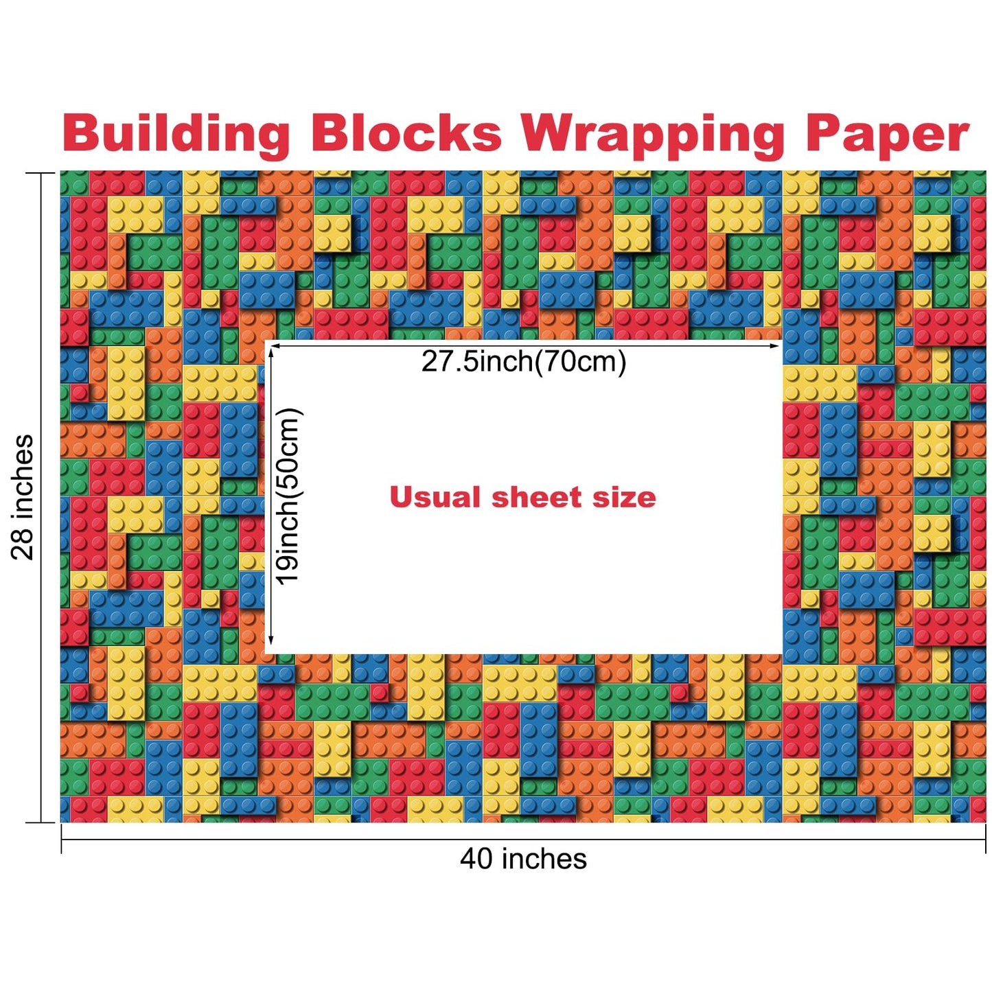 PlandRichW Building Blocks Wrapping Paper for Boys Girls - 4 Large Folded Sheets, 40"x 28" Colorful Building Bricks Design Gift Wrap for Kids Birthday, Toys, Baby Shower