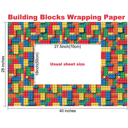 PlandRichW Building Blocks Wrapping Paper for Boys Girls - 4 Large Folded Sheets, 40"x 28" Colorful Building Bricks Design Gift Wrap for Kids Birthday, Toys, Baby Shower