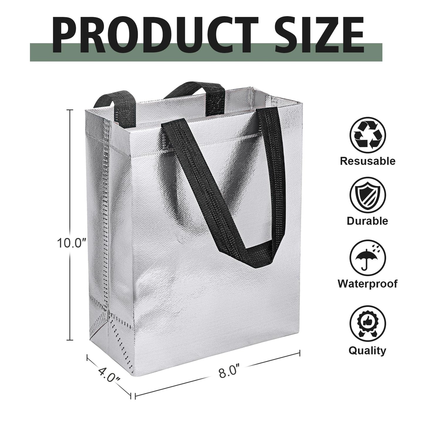 【18-Pack Silver】 Reusable Gift Bags with Handles, Bulk Goodie Bags for Valentines Day, Baby Shower, Birthday, Party Favors, Wedding, Holiday Goodie | 8x4x10 Inches | 18 Premium Silver Bag | Eco-Friendly