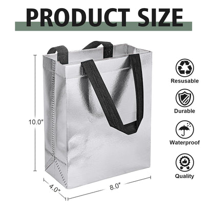 【18-Pack Silver】 Reusable Gift Bags with Handles, Bulk Goodie Bags for Valentines Day, Baby Shower, Birthday, Party Favors, Wedding, Holiday Goodie | 8x4x10 Inches | 18 Premium Silver Bag | Eco-Friendly