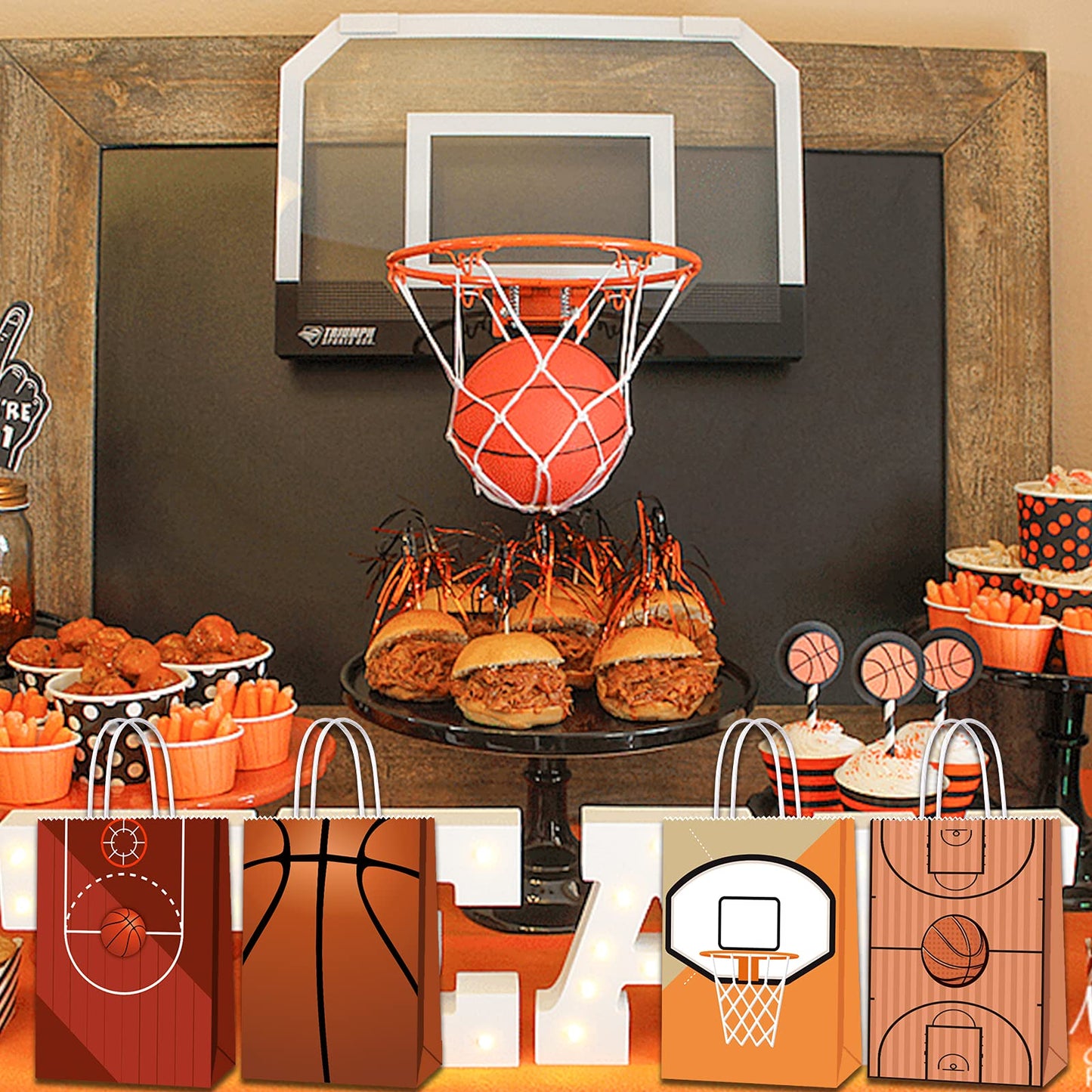 16 PCS Basketball Gift Bags with Handles for Basketball Birthday Party Supplies, Basketball Party Favor Bags Candy Treats Bags, Basketball Goodie Bags for Kids Boys Girls