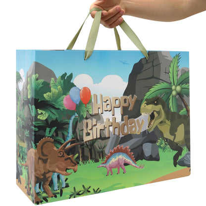 16.5'' Extra Large Dinosaur Birthday Gift Bag Set with Handles, Greeting Card, Black Tissue Papers and Stickers for Boys Kids Teens, Dinosaur Design, 1 Pcs