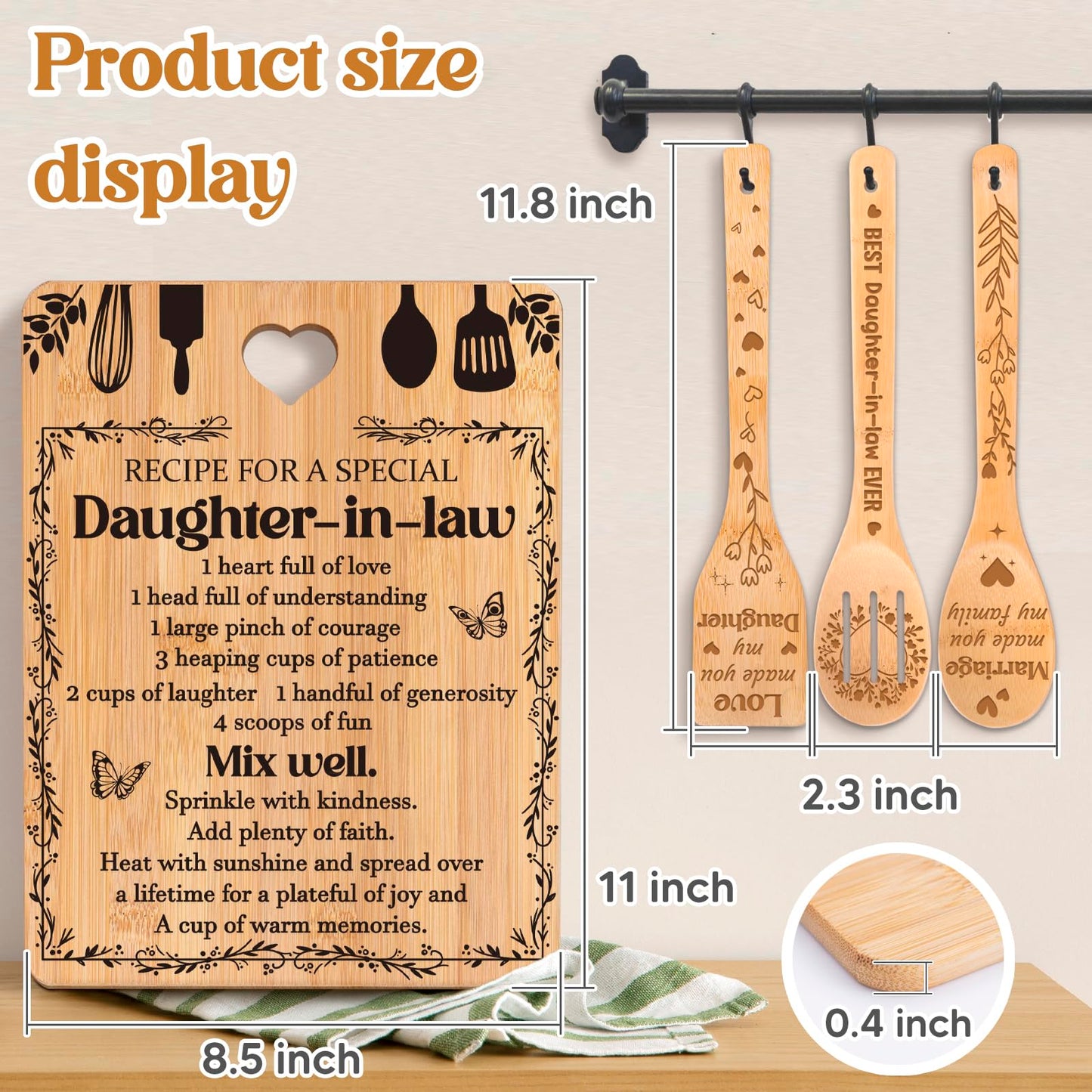 Gifts for Daughter in Law - "Recipe for a Special Daughter-in-Law" Daughter in Law Birthday Gifts Cutting Board Set, Bamboo-Made Engraved Utensil Set Mothers Day Gifts for Daughter in Law