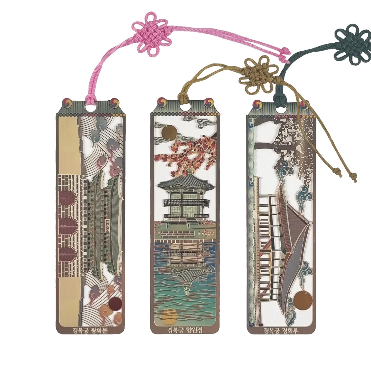 Korean Palace Gold Bookmarks - Gyeongbokgung 3-Piece Set with Traditional Tassels - Korean Souvenir New Year's Gifts