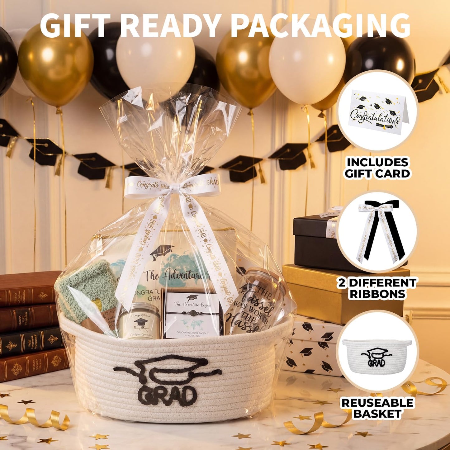 Zopeal Graduation Gift Basket for Her 2026,Graduation Gift Set with Glass Tumbler,Makeup Bag,Candle,Socks,Bracelet,Keychain,Card,College Grad Gifts for Her Women Daughter Granddaughter(White)