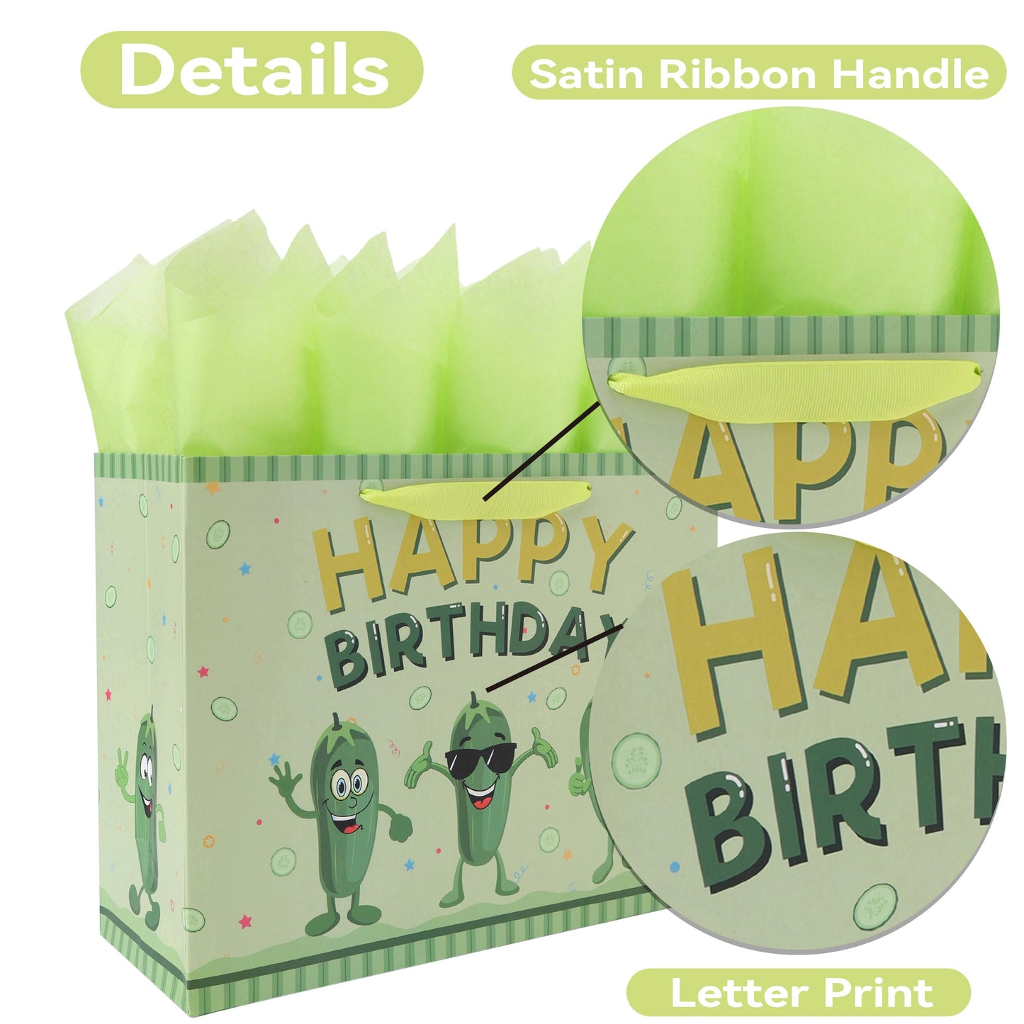 13'' Large Pickle Birthday Gift Bag Set with Handles, Greeting Card, Green Tissue Papers and Stickers for Women Boys Girls Kids Teens for Cucumber Birthday, Baby, Men, Vegetable Themed Design, 1 Pcs