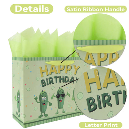 13'' Large Pickle Birthday Gift Bag Set with Handles, Greeting Card, Green Tissue Papers and Stickers for Women Boys Girls Kids Teens for Cucumber Birthday, Baby, Men, Vegetable Themed Design, 1 Pcs