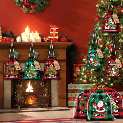 FLOE 24Pcs Burlap Christmas Drawstring Bags, 6x8in Buffalo Plaid Xmas Gift Bags w/Tag Xmas Candy Bag Small Christmas Linen Treat Goody Gift Sacks Reusable Gifts Wrapping Bag Holiday Party Favors Sack