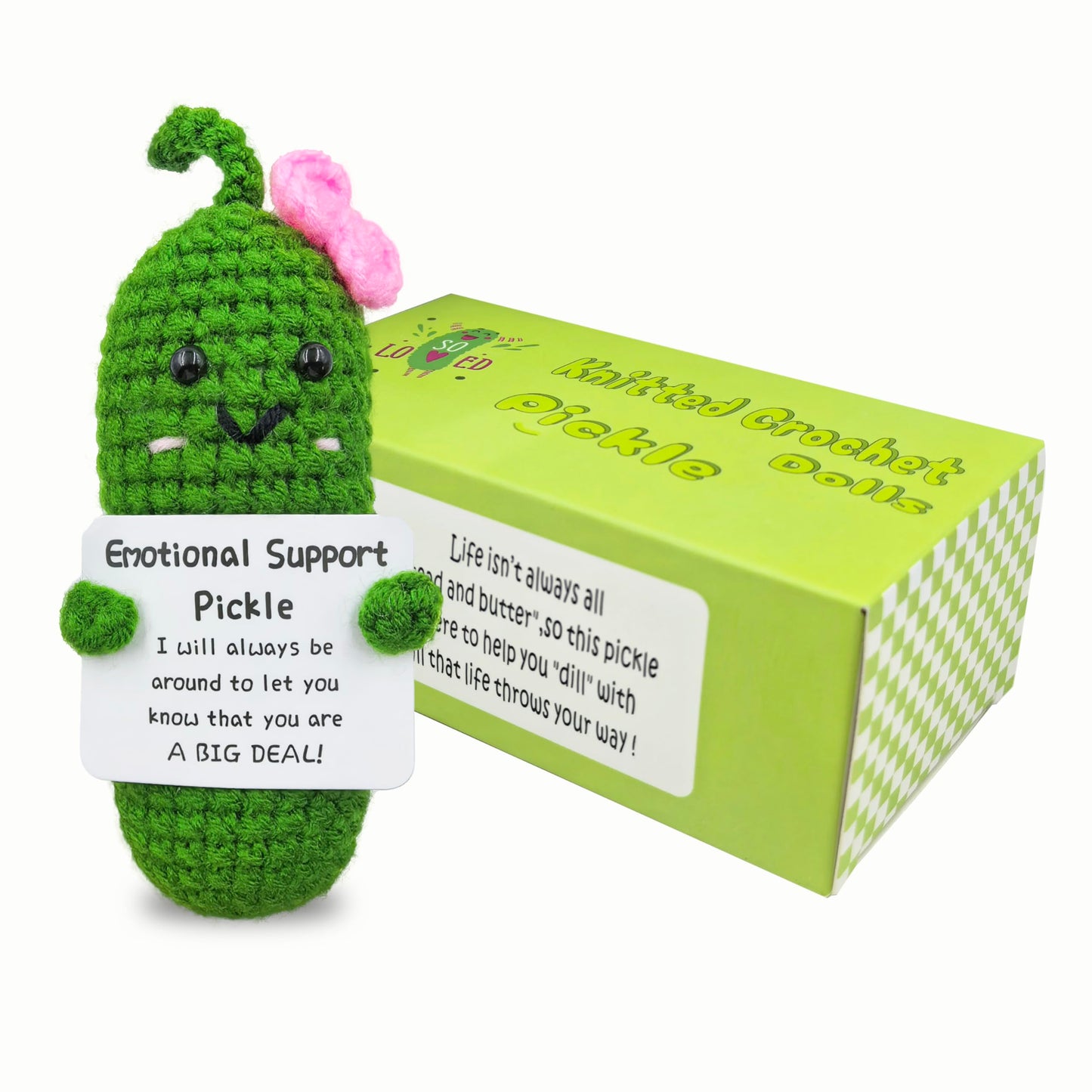 Emotional Encouraging Pickle,Funny Pickle with Support Card,Cute Knitted Crochet Dolls Soft Plush for Friend Gifts (Pickle)