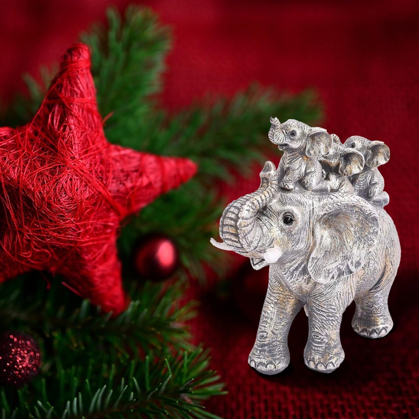 Cute Silver Elephant Statue Good Luck Elephant Carries Three Calves on Its Back Figurines Décor for Shelf Good Gifts for Women Decoration for Living Room, Bedroom, Office