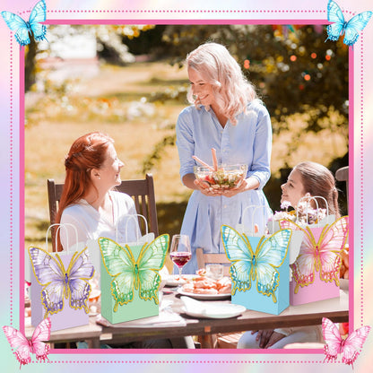 Booson 24 PCS Butterfly Paper Party Bags with Twisted Handles Blue Pink Purple Green Party Favor Bag with Adhesive Dots Paper Treat Candy Goodie Bags for Birthday Bridal Showers Decoration Supplies
