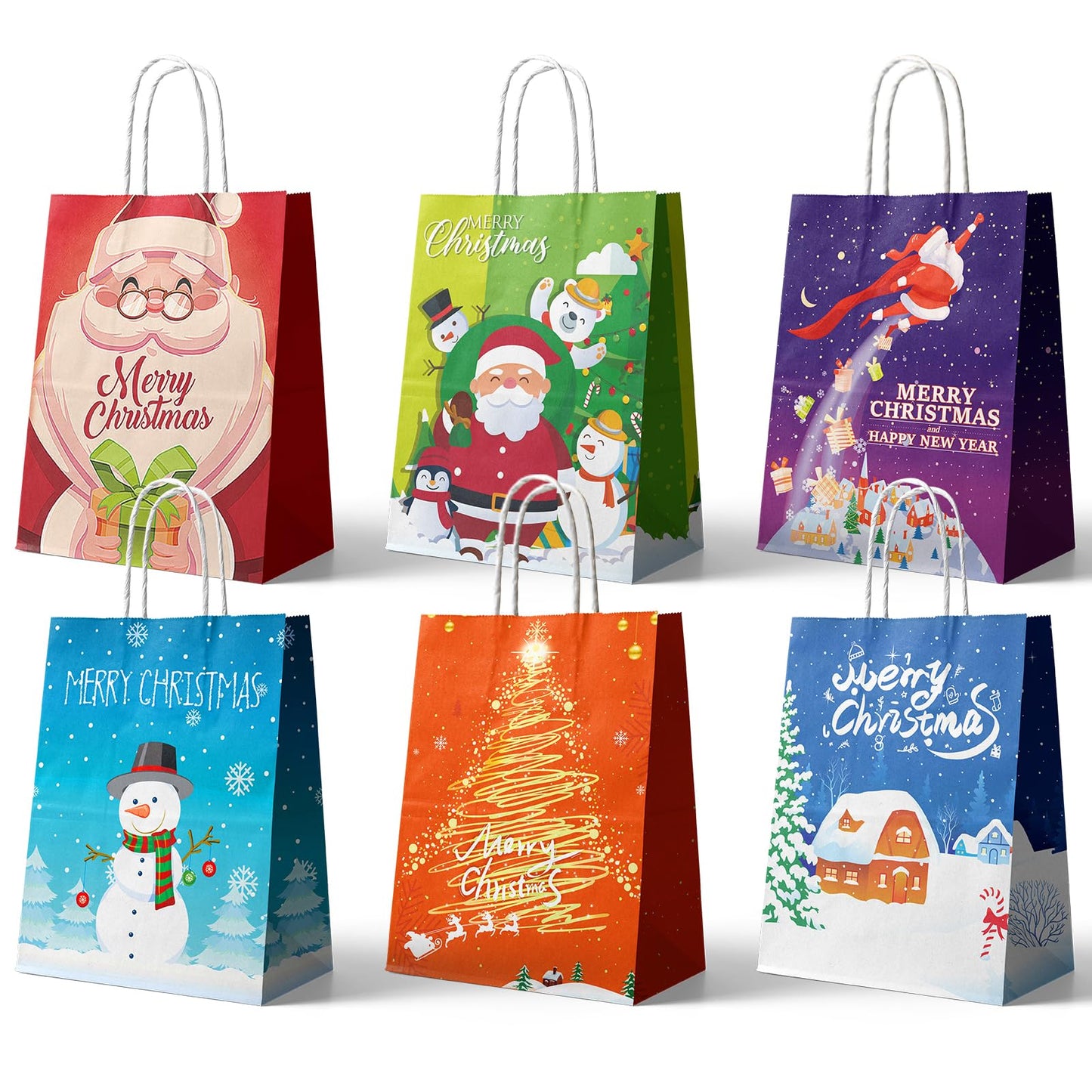 24 Pcs Kraft Gift Bags - Medium Christmas Paper Bags with Handles - Six Holiday Designs for Presents and Party Favors