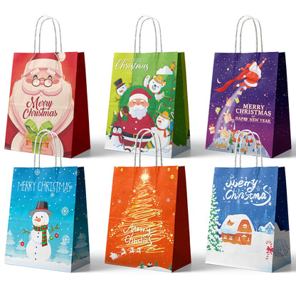 24 Pcs Kraft Gift Bags - Medium Christmas Paper Bags with Handles - Six Holiday Designs for Presents and Party Favors