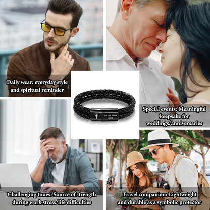 Men's Leather Bracelet with Cross Bible Verse, Double Layer Black Genuine Leather Bracelet for Men, Christian Religious Baptism Easter Gift for Men Dad Husband Boyfriend Grandson Son