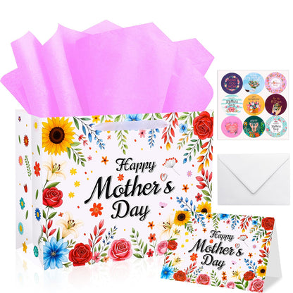 Konsait Happy Mothers Day Gift Bags Set with Tissue Paper, Greeting Card, Envelope & Stickers, Large Favor Bags for Mom Birthday & Gift Wrapping Supplies