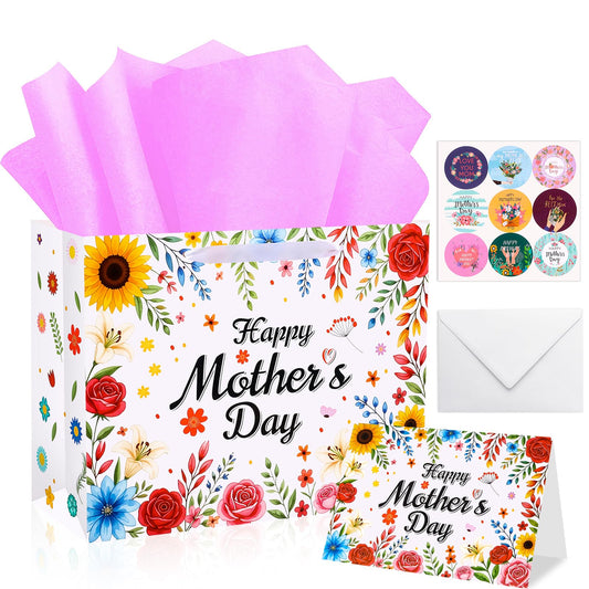 Konsait Happy Mothers Day Gift Bags Set with Tissue Paper, Greeting Card, Envelope & Stickers, Large Favor Bags for Mom Birthday & Gift Wrapping Supplies