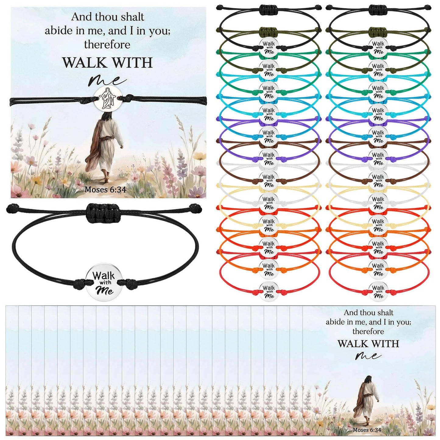 Kigeli 24 Sets Lds Mormon Gifts Walk with Me Bracelets, 2026 Lds Youth Theme Gift, Young Women Birthday Present, Girls Camp, Moses 6: 34, Adjustable Stainless-steel Bracelet with Card