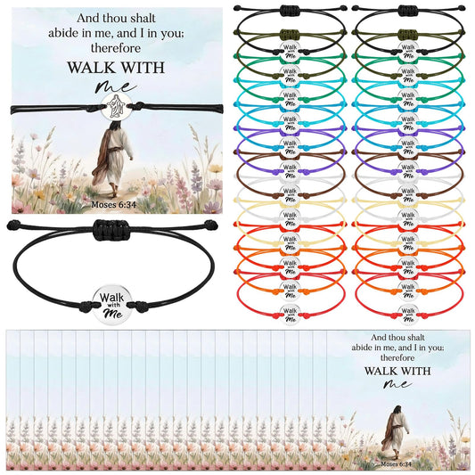 Kigeli 24 Sets Lds Mormon Gifts Walk with Me Bracelets, 2026 Lds Youth Theme Gift, Young Women Birthday Present, Girls Camp, Moses 6: 34, Adjustable Stainless-steel Bracelet with Card