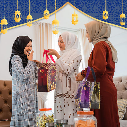 Clysee 24 Pcs Eid Mubarak Reusable Gift Bags With Handles - 6 Colors Non-Woven Ramadan Treat Bags - 10.2 x 8.3 x 3.9 Inch Tote for Gifts Wrapping