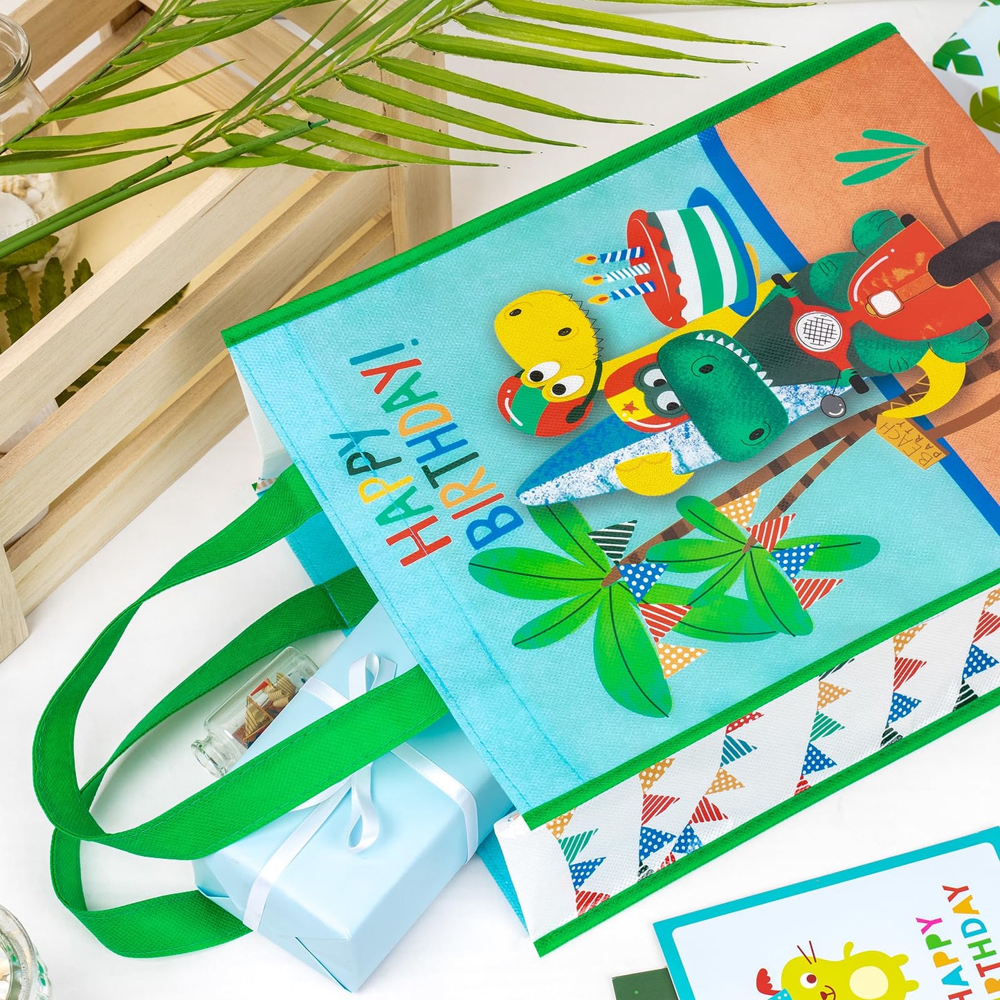 WRAPAHOLIC Large Reusable Dinosaur Birthday Gift Bag with Handles - 10 x 5 x 13 inch - Dinosaur Happy Birthday