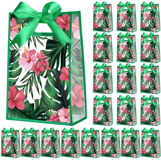 Geyoga 24 Pcs Hawaii Aloha Gift Bags with Handles 7x10x3.15 Inch Tropical Luau Clear Reusable PVC Gift Bag with Ribbon for Women Wedding Birthday Baby Shower Bridal Shower Summer Spring Party Supplies