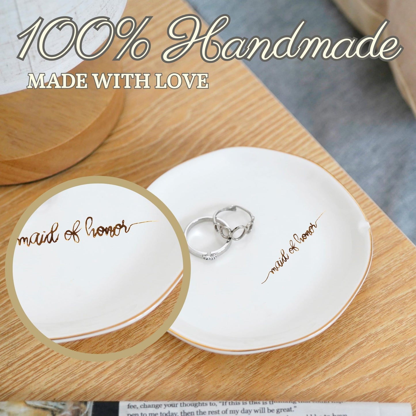 InnoBeta Bridesmaid Gifts for Women, Maid of Honor Gifts for Women Ceramic Jewelry Tray, Decorative Trinket Dish for Rings Earrings Necklaces for Women, 4.75", White Surface Gold
