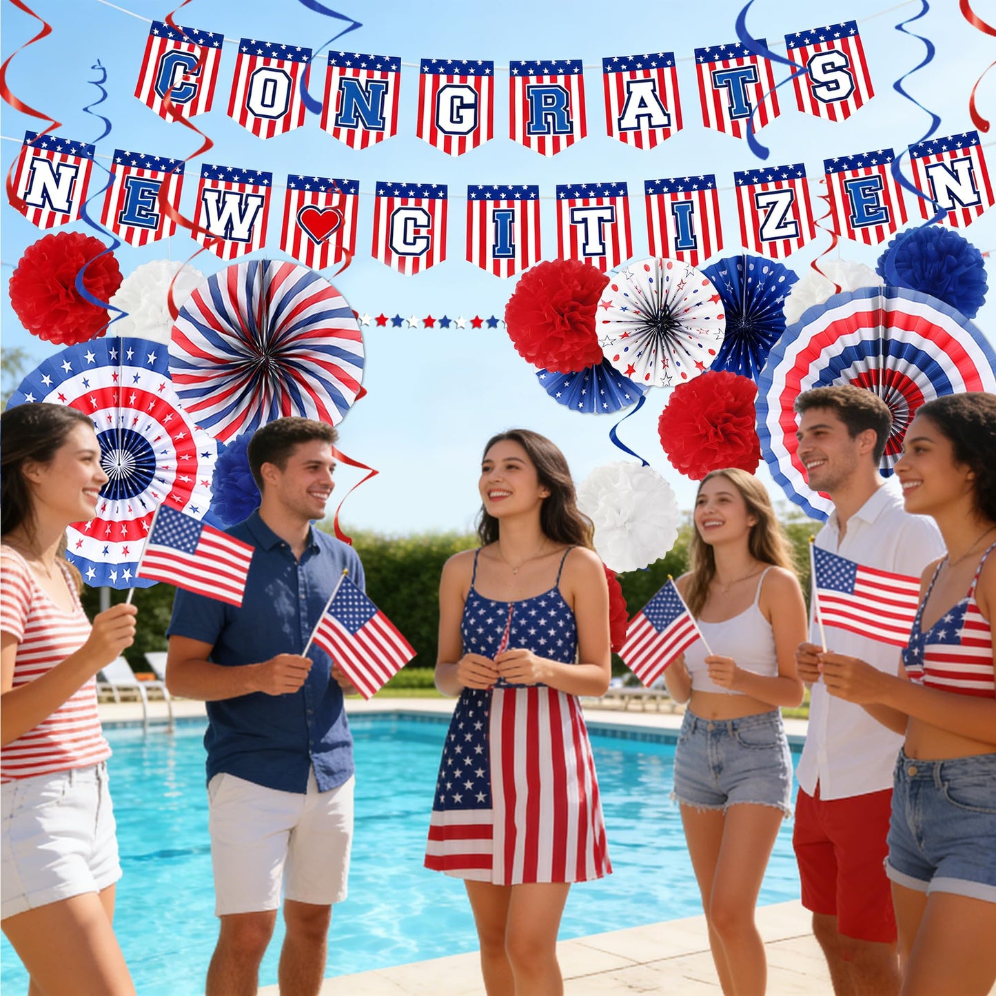 Us Citizenship Party Decorations - 31 Pcs Concrats New Citizen Banner Garland Hanging Swirls Paper Fans Pom Poms Americal Flags Decor Set Oath Ceremonies Patriotic Gift Ideas Supplies