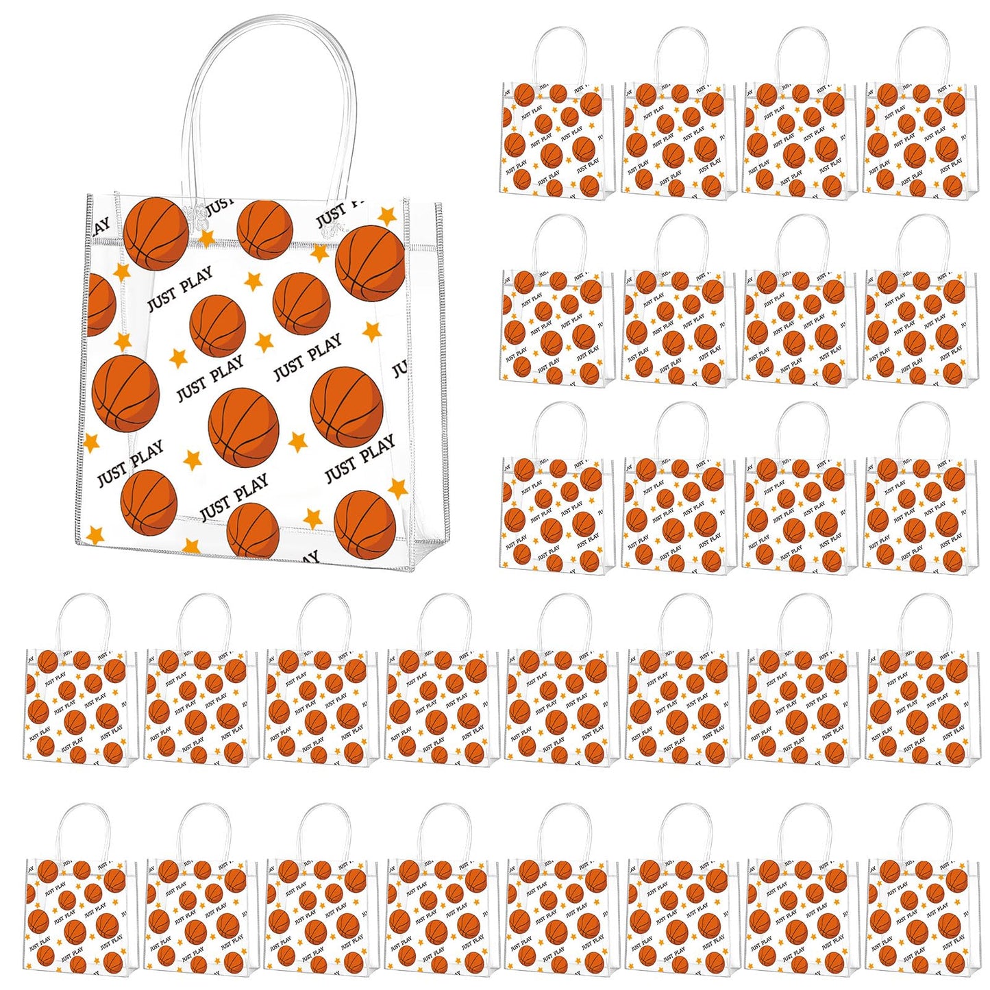 AUGSUN Basketball Themed PVC Clear Tote Bags, 28 Pack Basketball Gift Bags with Handles, Sport Snack Bags for Party Favors, Snacks, and Sports Events