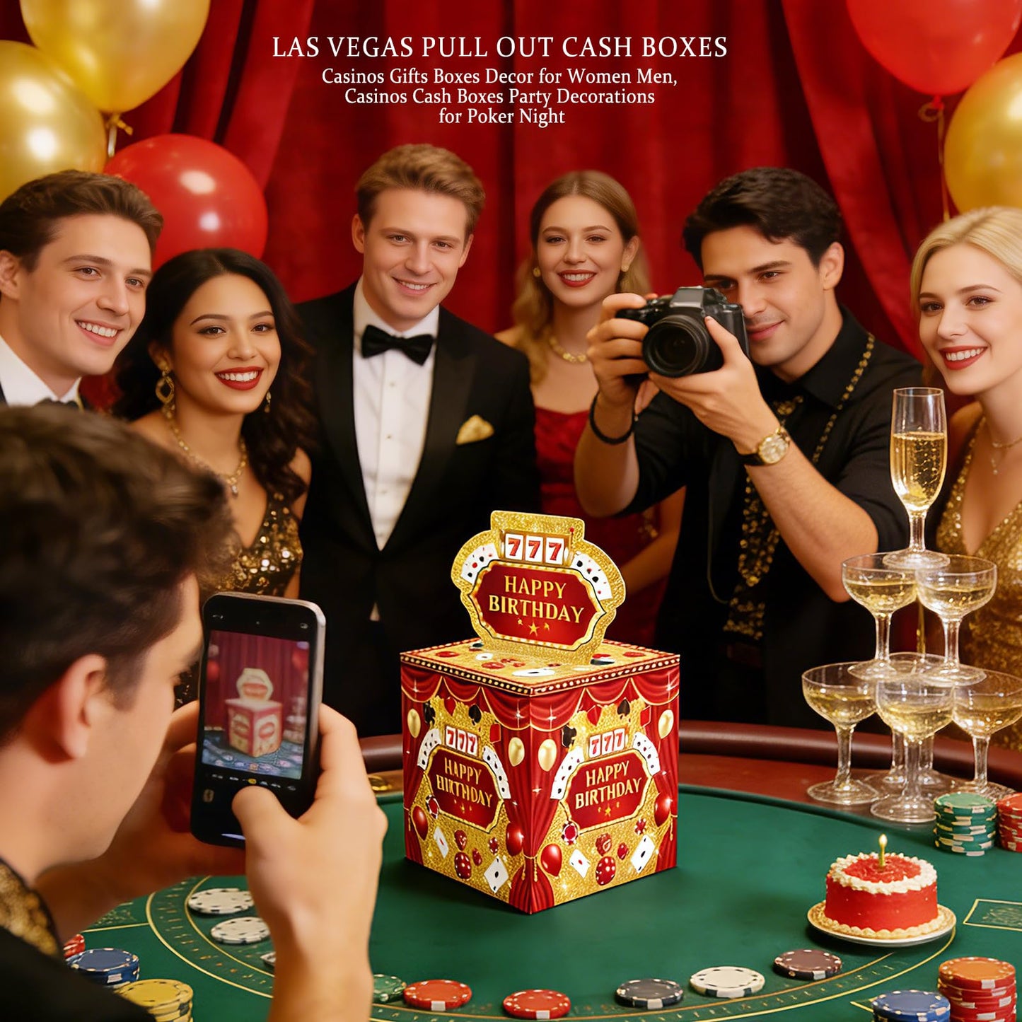 Casino Money Box for Cash Gift Pull, Surprise Exploding Pop Up Gift Box for Birthday, Funny Slot Machine Gifts & Gambling Gifts for Men Women, Las Vegas Poker Theme Party Decorations