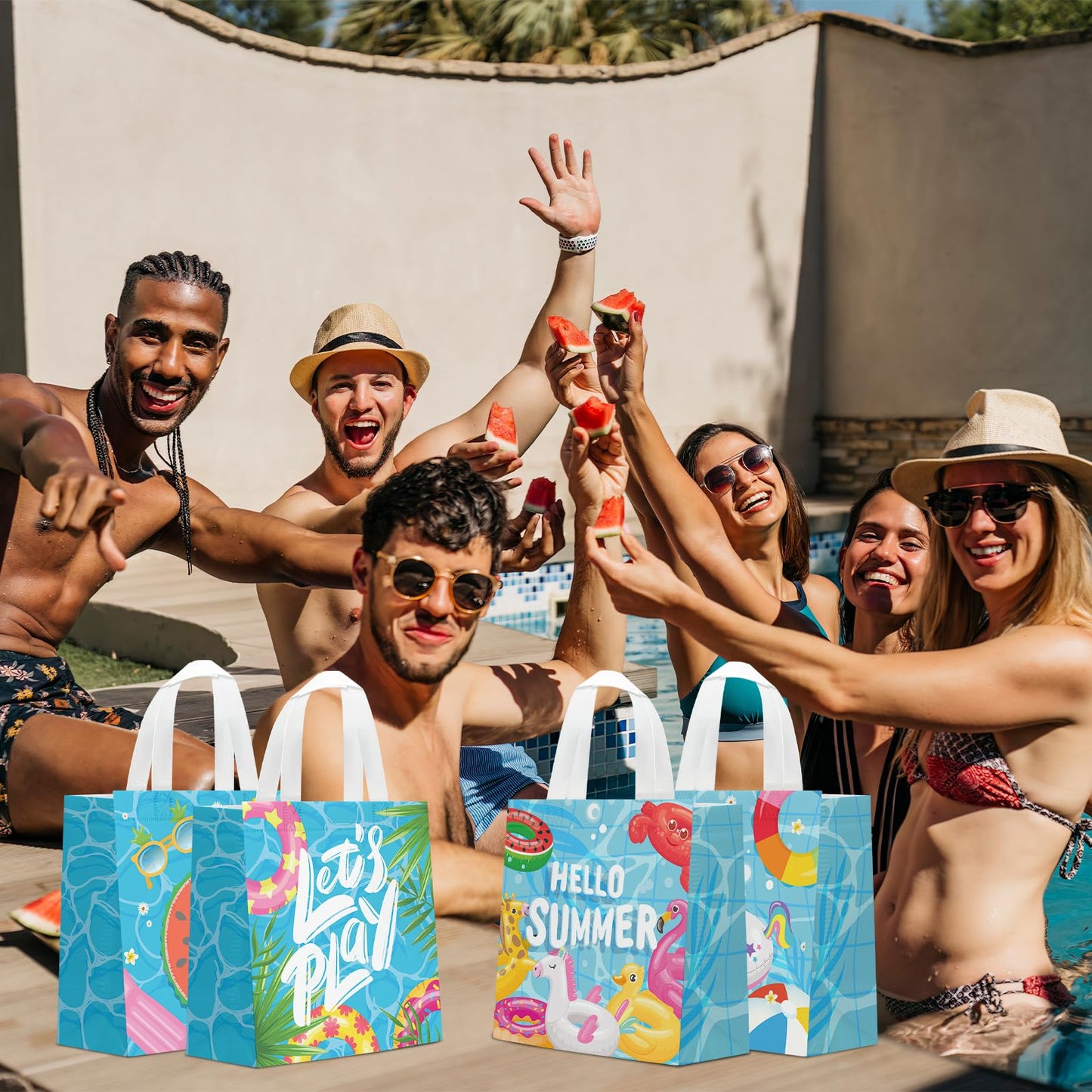 KERINGO 24 PCS Pool Party Favors Gift Bags Summer Beach Swimming Theme Non-Woven Gift Treat Bags with Handles for Summer Pool Party Supplies